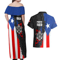 Puerto Rico Couples Matching Off Shoulder Maxi Dress and Hawaiian Shirt with Tribal Sun Symbol and Flag Color Block Design