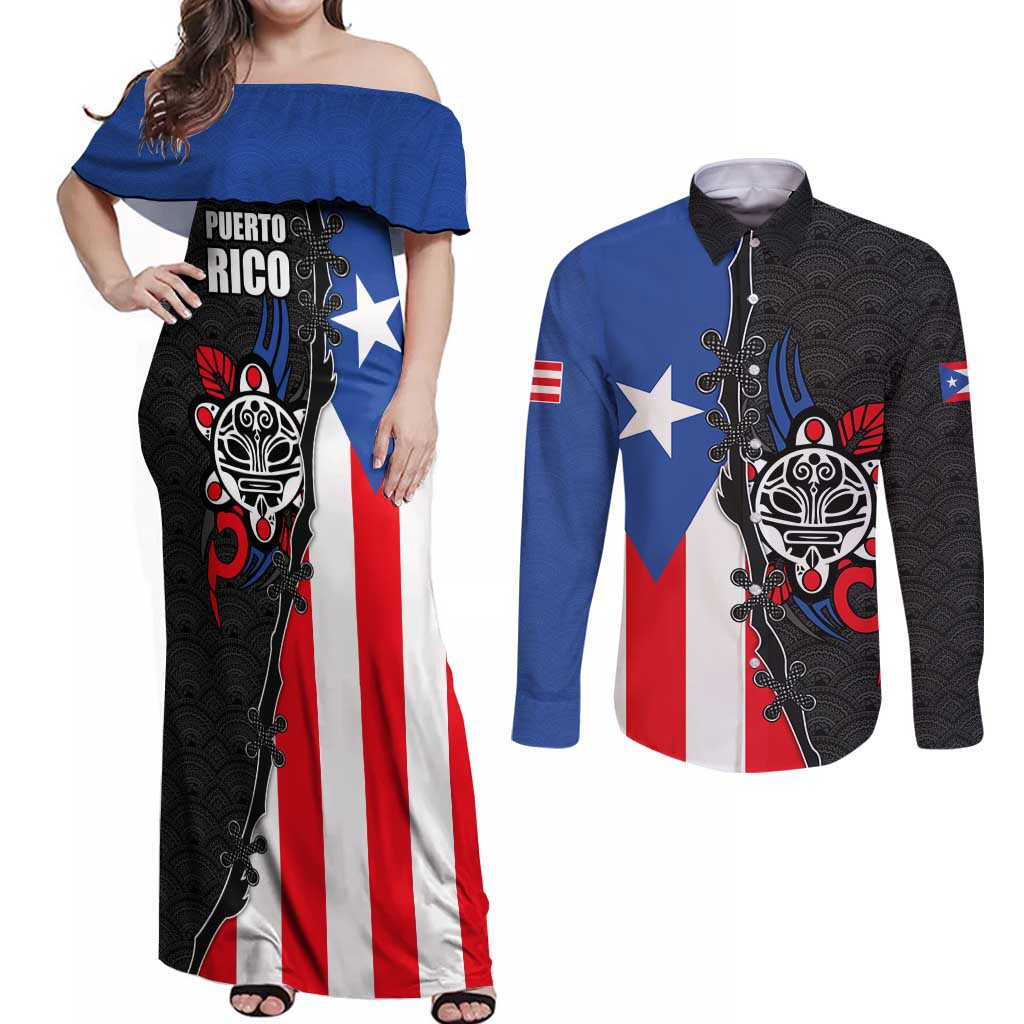 Puerto Rico Couples Matching Off Shoulder Maxi Dress and Long Sleeve Button Shirt with Tribal Sun Symbol and Flag Color Block Design