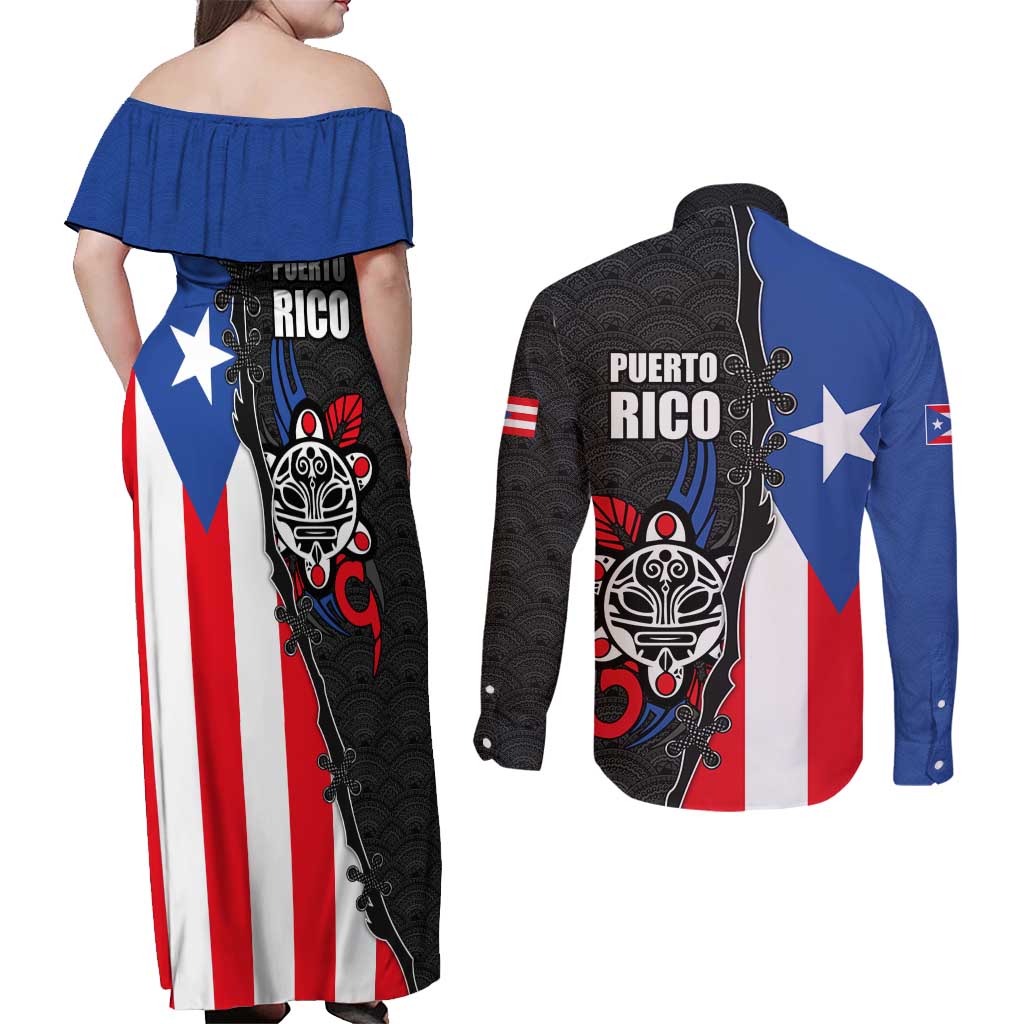Puerto Rico Couples Matching Off Shoulder Maxi Dress and Long Sleeve Button Shirt with Tribal Sun Symbol and Flag Color Block Design