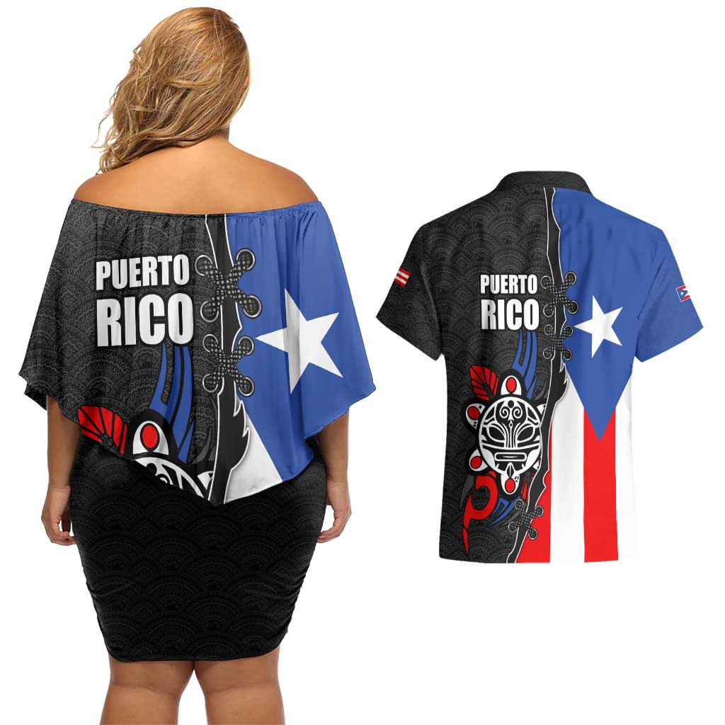 Puerto Rico Couples Matching Off Shoulder Short Dress and Hawaiian Shirt with Tribal Sun Symbol and Flag Color Block Design