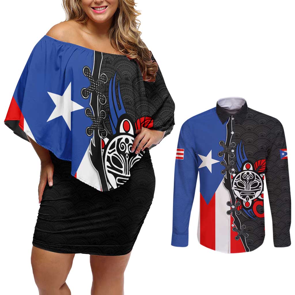 Puerto Rico Couples Matching Off Shoulder Short Dress and Long Sleeve Button Shirt with Tribal Sun Symbol and Flag Color Block Design