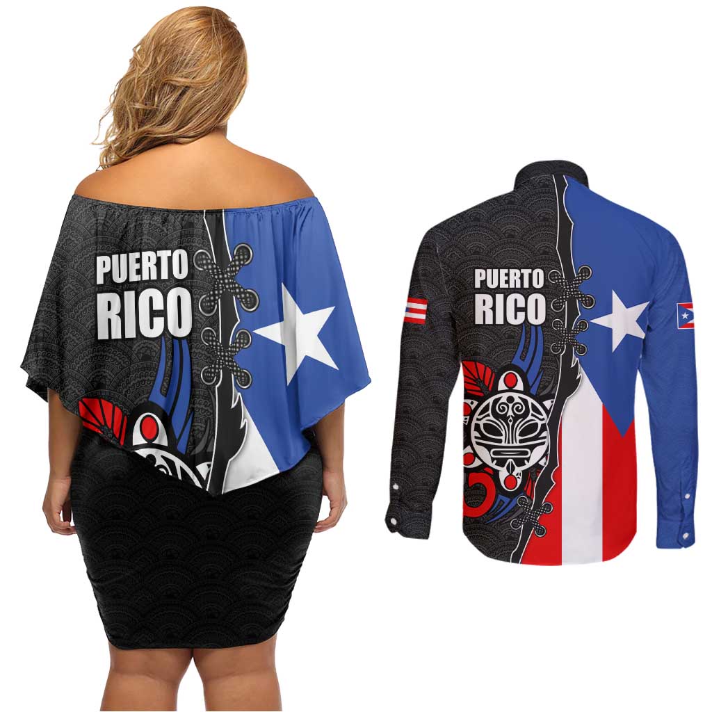 Puerto Rico Couples Matching Off Shoulder Short Dress and Long Sleeve Button Shirt with Tribal Sun Symbol and Flag Color Block Design