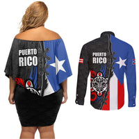 Puerto Rico Couples Matching Off Shoulder Short Dress and Long Sleeve Button Shirt with Tribal Sun Symbol and Flag Color Block Design