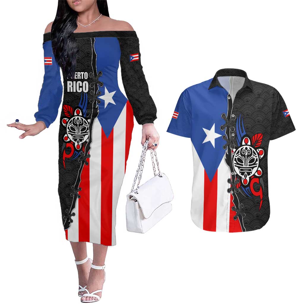 Puerto Rico Couples Matching Off The Shoulder Long Sleeve Dress and Hawaiian Shirt with Tribal Sun Symbol and Flag Color Block Design