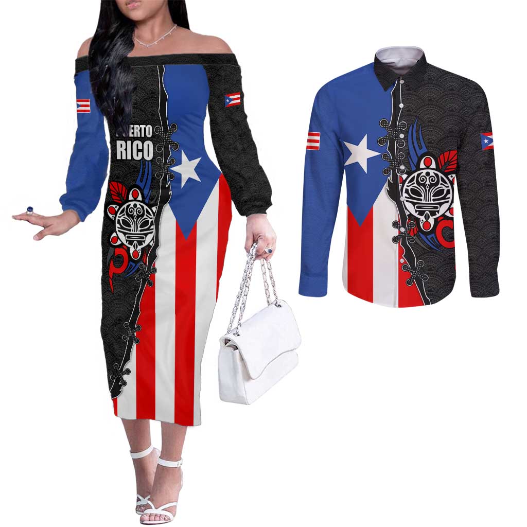 Puerto Rico Couples Matching Off The Shoulder Long Sleeve Dress and Long Sleeve Button Shirt with Tribal Sun Symbol and Flag Color Block Design