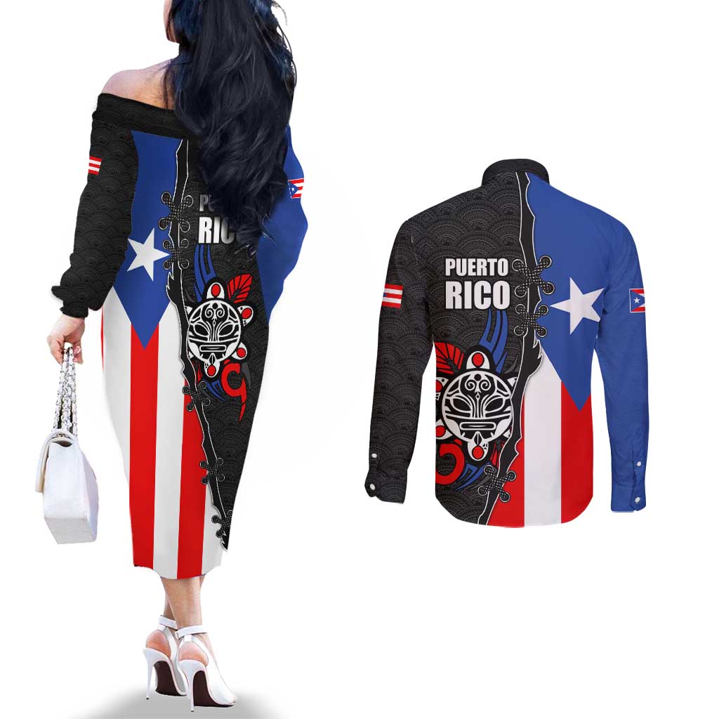 Puerto Rico Couples Matching Off The Shoulder Long Sleeve Dress and Long Sleeve Button Shirt with Tribal Sun Symbol and Flag Color Block Design