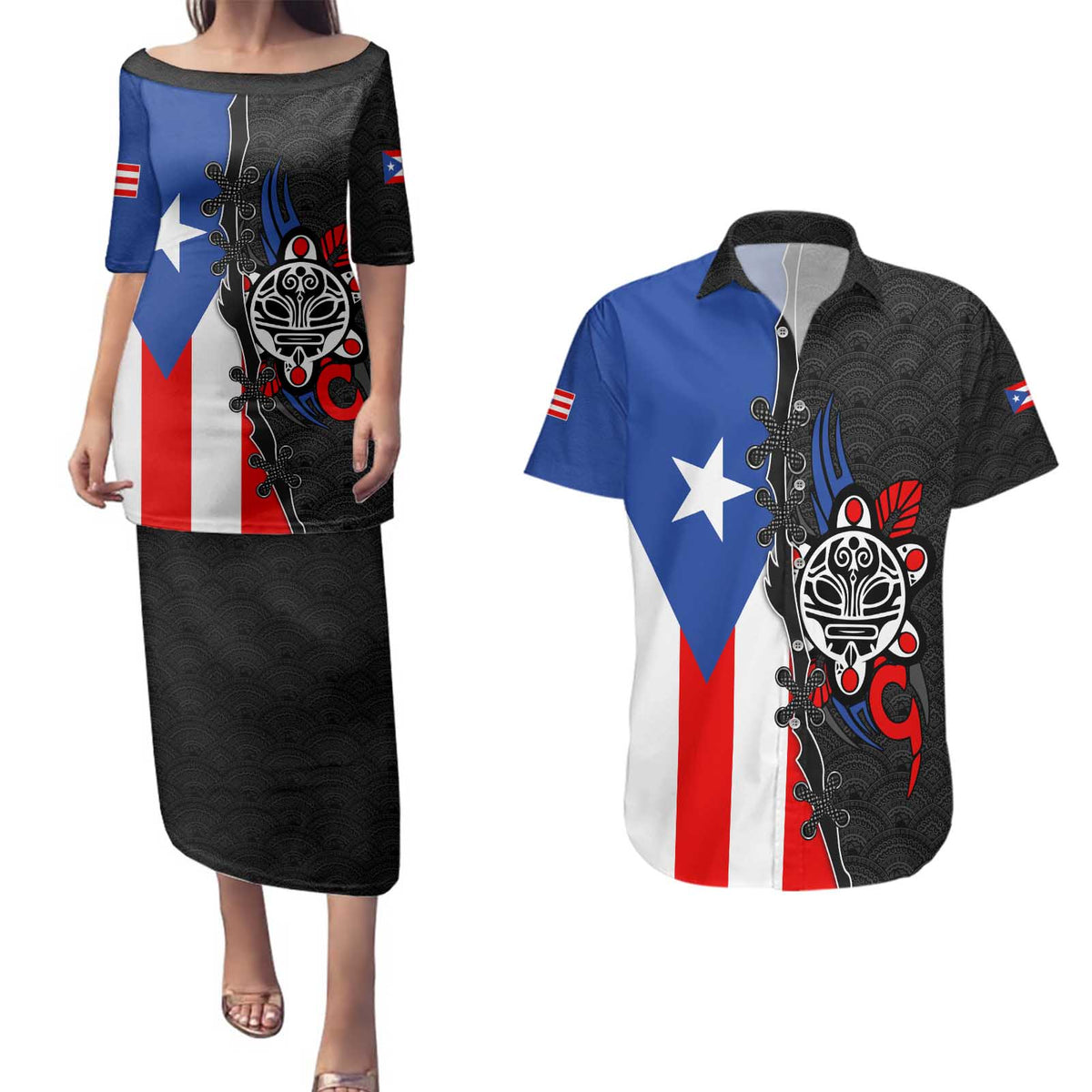 Puerto Rico Couples Matching Puletasi and Hawaiian Shirt with Tribal Sun Symbol and Flag Color Block Design