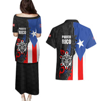Puerto Rico Couples Matching Puletasi and Hawaiian Shirt with Tribal Sun Symbol and Flag Color Block Design