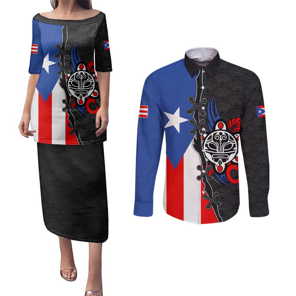 Puerto Rico Couples Matching Puletasi and Long Sleeve Button Shirt with Tribal Sun Symbol and Flag Color Block Design
