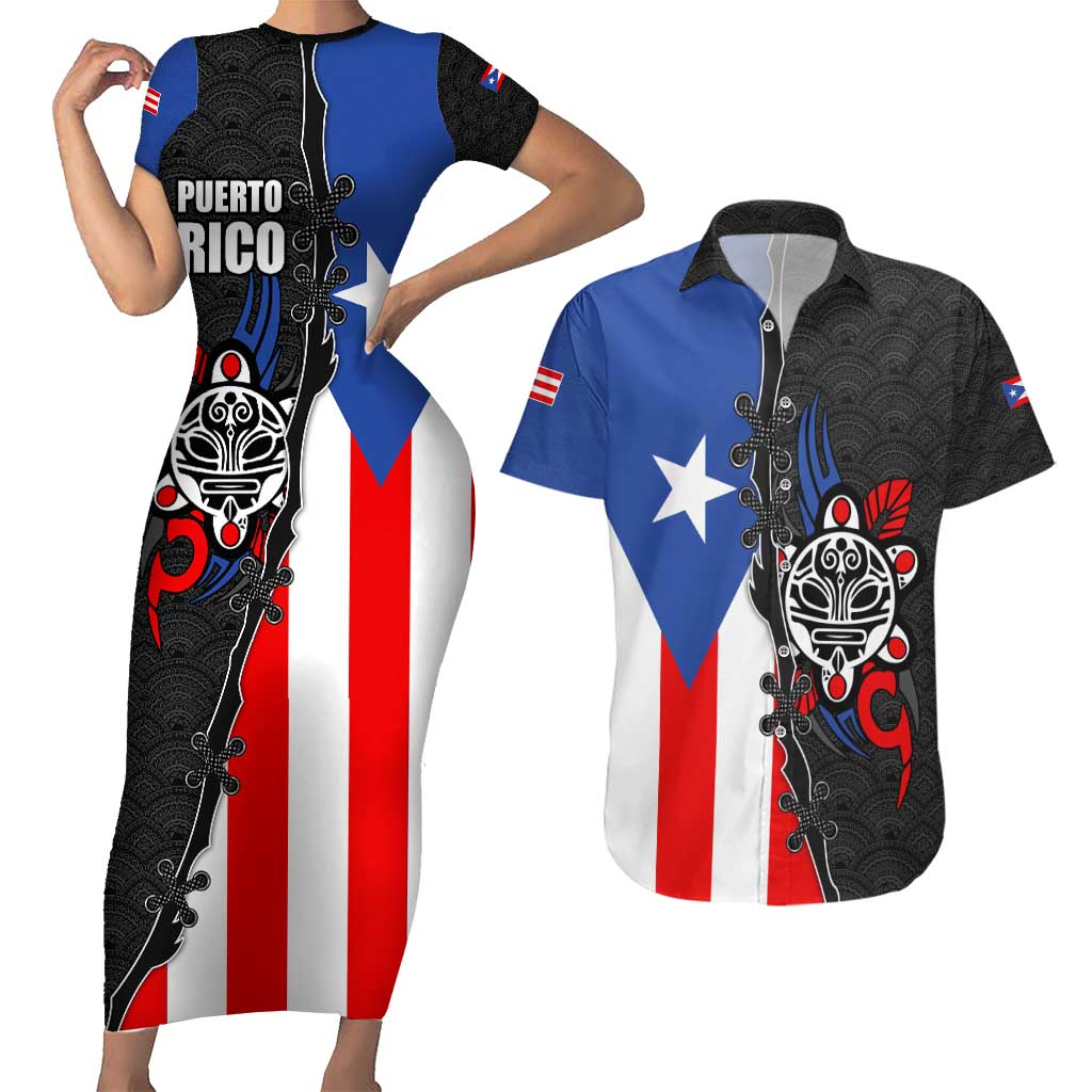 Puerto Rico Couples Matching Short Sleeve Bodycon Dress and Hawaiian Shirt with Tribal Sun Symbol and Flag Color Block Design