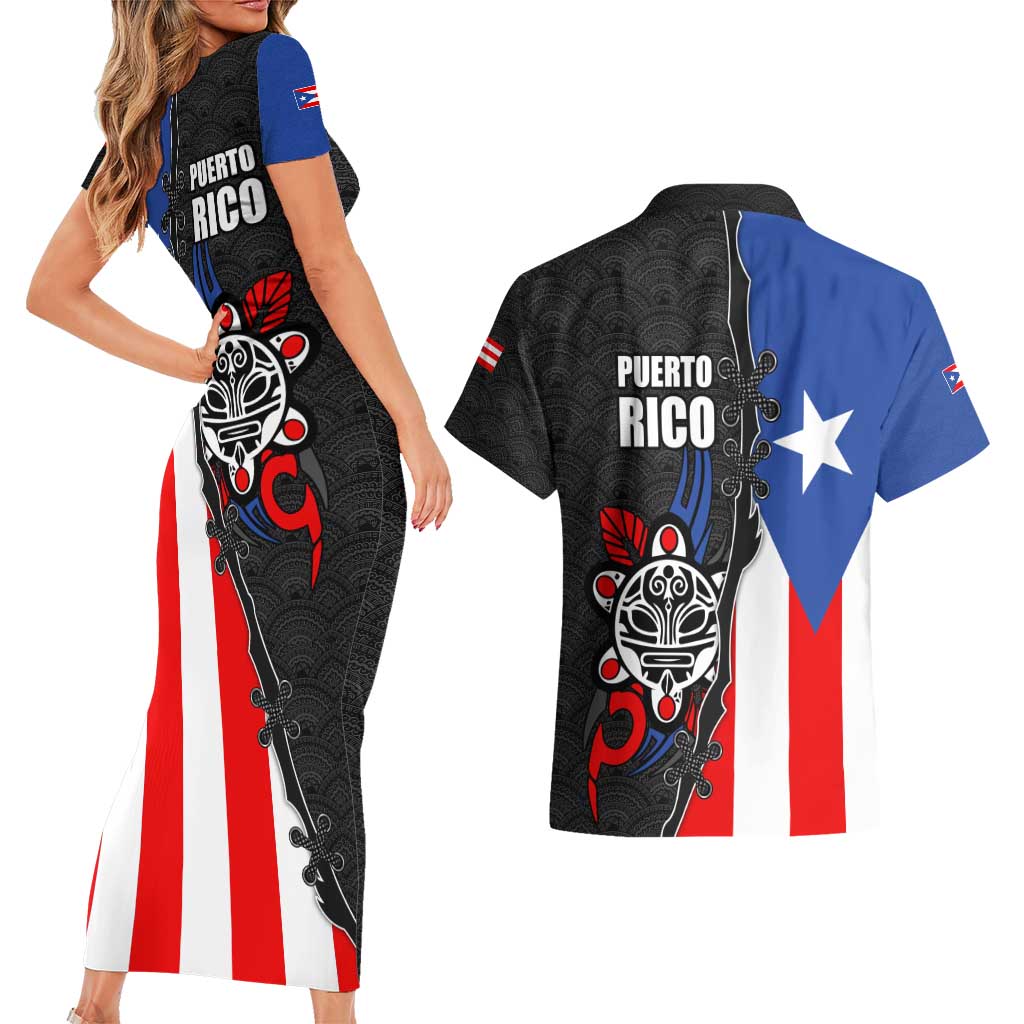 Puerto Rico Couples Matching Short Sleeve Bodycon Dress and Hawaiian Shirt with Tribal Sun Symbol and Flag Color Block Design