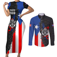 Puerto Rico Couples Matching Short Sleeve Bodycon Dress and Long Sleeve Button Shirt with Tribal Sun Symbol and Flag Color Block Design