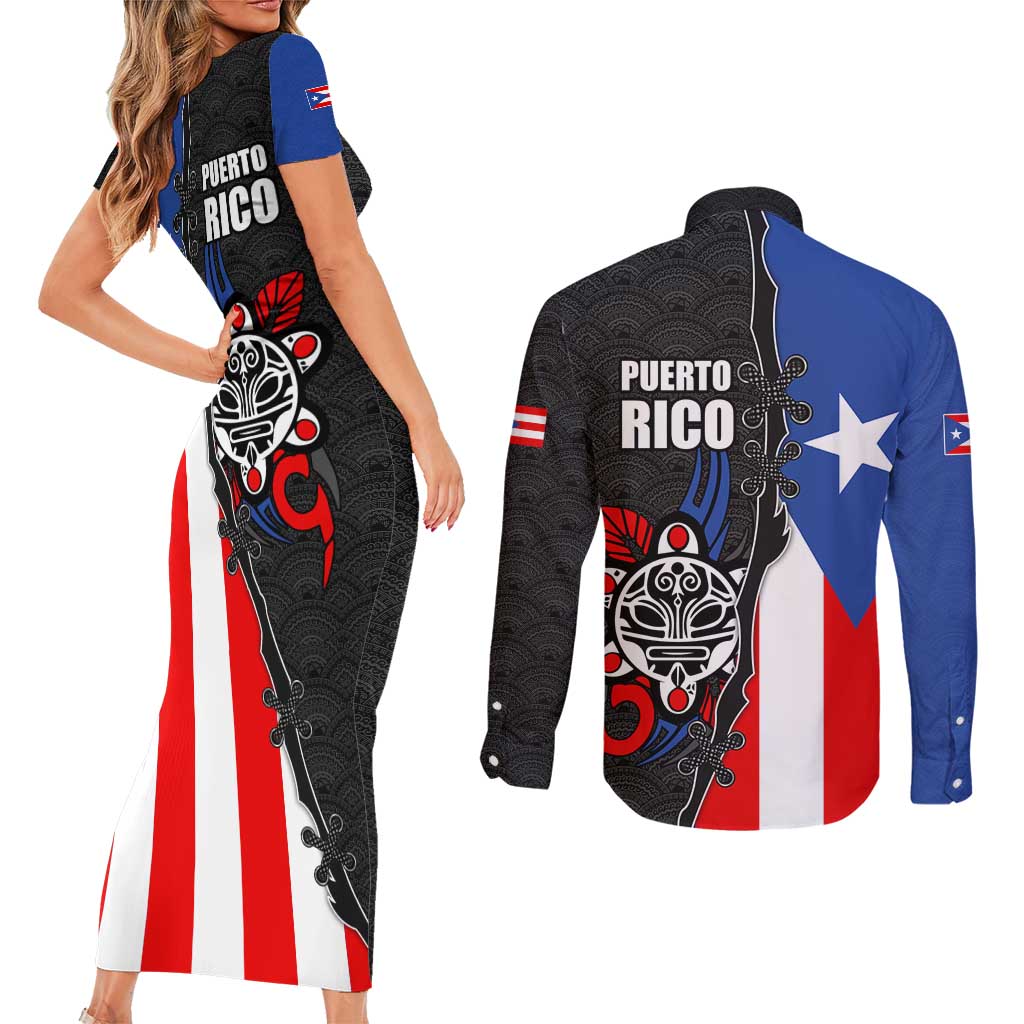 Puerto Rico Couples Matching Short Sleeve Bodycon Dress and Long Sleeve Button Shirt with Tribal Sun Symbol and Flag Color Block Design