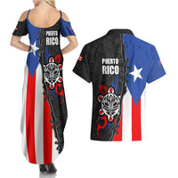 Puerto Rico Couples Matching Summer Maxi Dress and Hawaiian Shirt with Tribal Sun Symbol and Flag Color Block Design