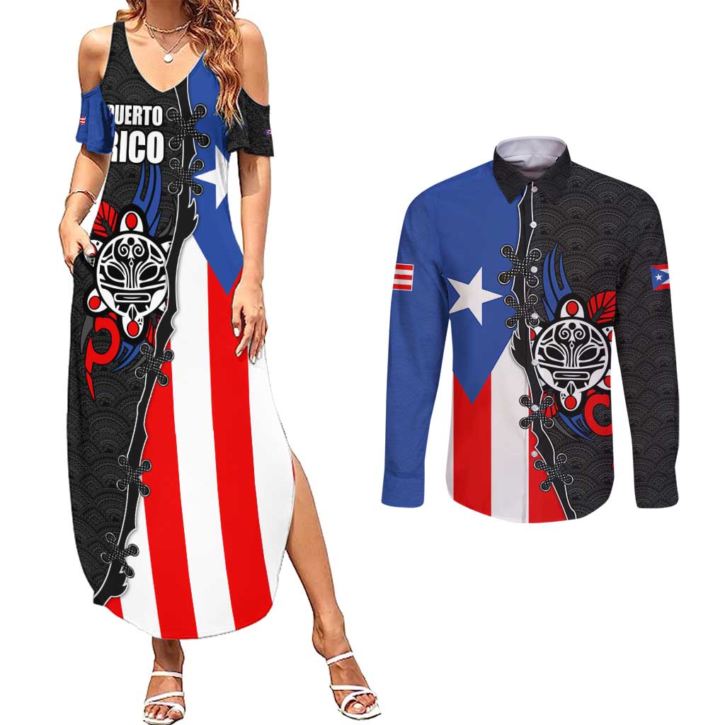 Puerto Rico Couples Matching Summer Maxi Dress and Long Sleeve Button Shirt with Tribal Sun Symbol and Flag Color Block Design