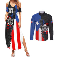 Puerto Rico Couples Matching Summer Maxi Dress and Long Sleeve Button Shirt with Tribal Sun Symbol and Flag Color Block Design