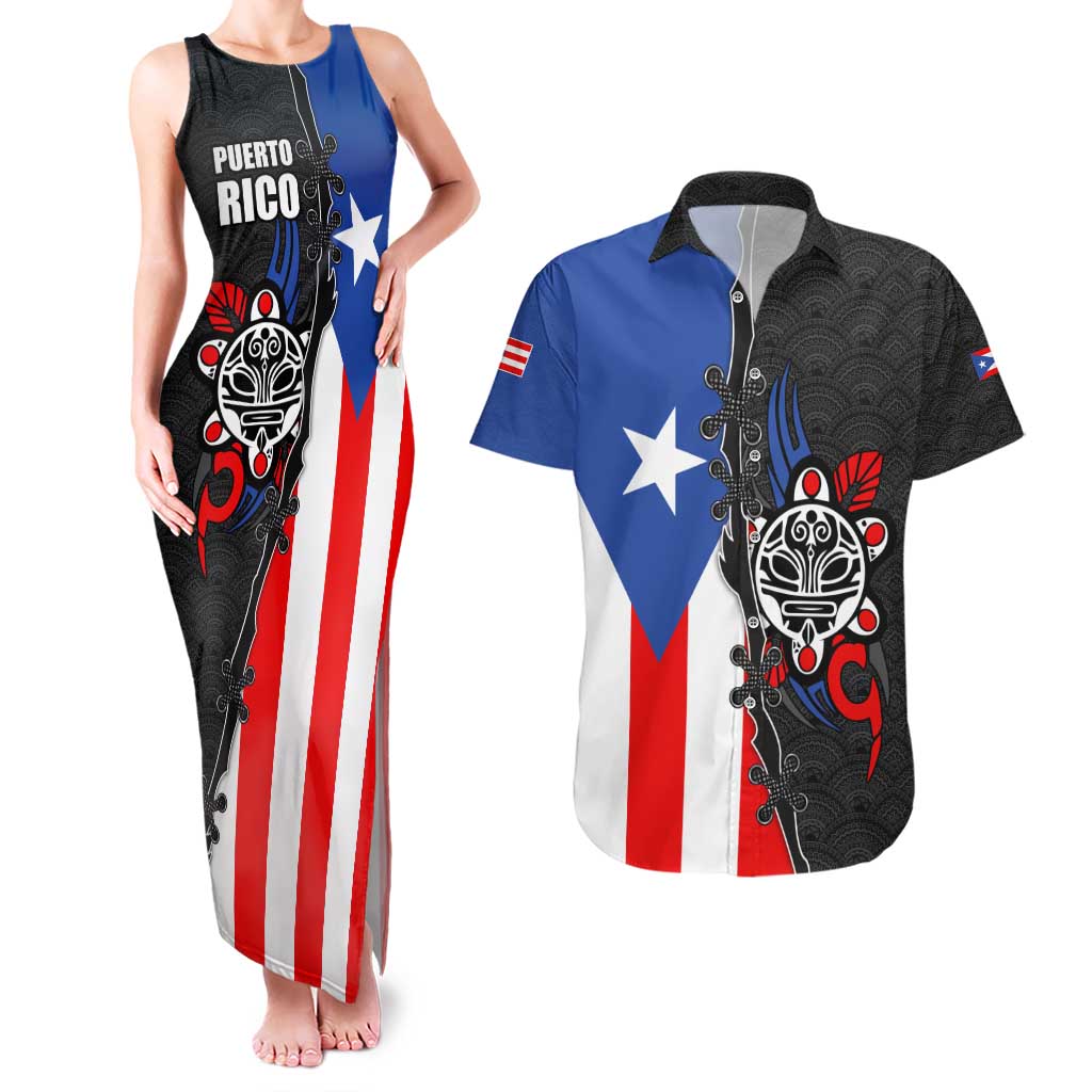 Puerto Rico Couples Matching Tank Maxi Dress and Hawaiian Shirt with Tribal Sun Symbol and Flag Color Block Design