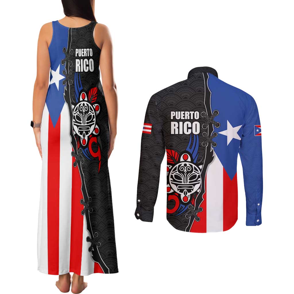 Puerto Rico Couples Matching Tank Maxi Dress and Long Sleeve Button Shirt with Tribal Sun Symbol and Flag Color Block Design