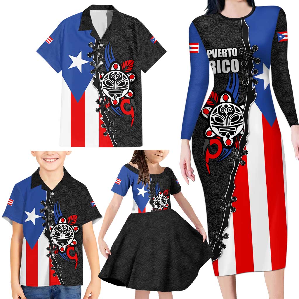 Puerto Rico Family Matching Long Sleeve Bodycon Dress and Hawaiian Shirt with Tribal Sun Symbol and Flag Color Block Design
