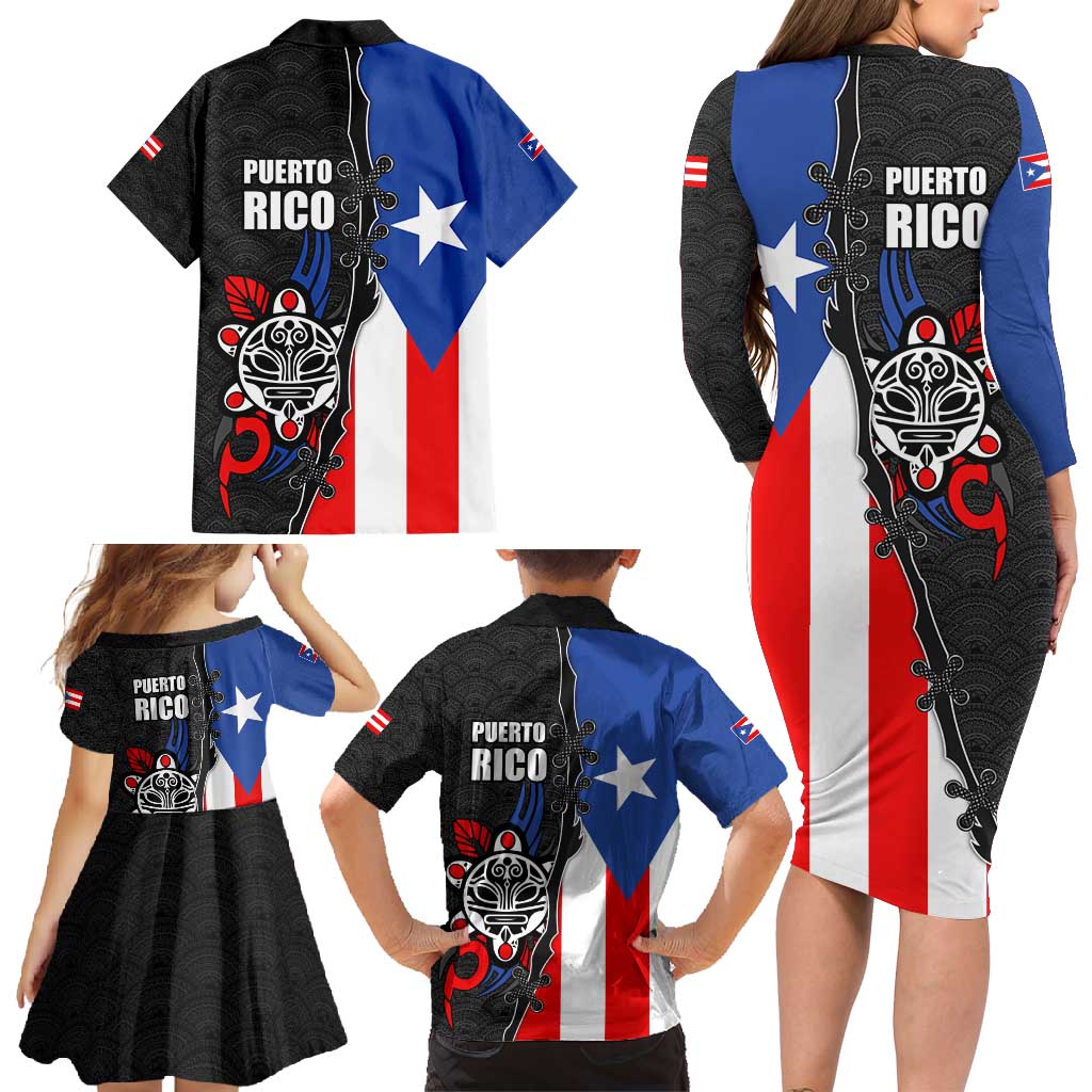Puerto Rico Family Matching Long Sleeve Bodycon Dress and Hawaiian Shirt with Tribal Sun Symbol and Flag Color Block Design