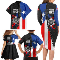 Puerto Rico Family Matching Long Sleeve Bodycon Dress and Hawaiian Shirt with Tribal Sun Symbol and Flag Color Block Design