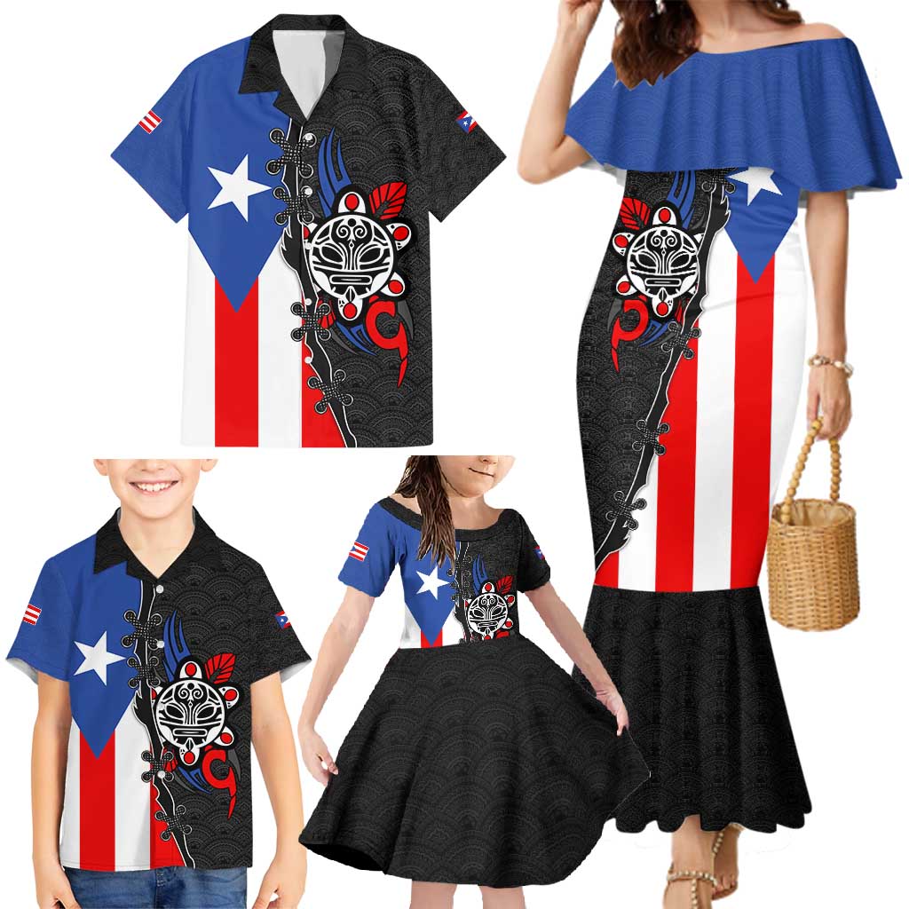 Puerto Rico Family Matching Mermaid Dress and Hawaiian Shirt with Tribal Sun Symbol and Flag Color Block Design