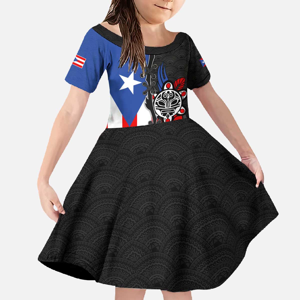 Puerto Rico Family Matching Off The Shoulder Long Sleeve Dress and Hawaiian Shirt with Tribal Sun Symbol and Flag Color Block Design