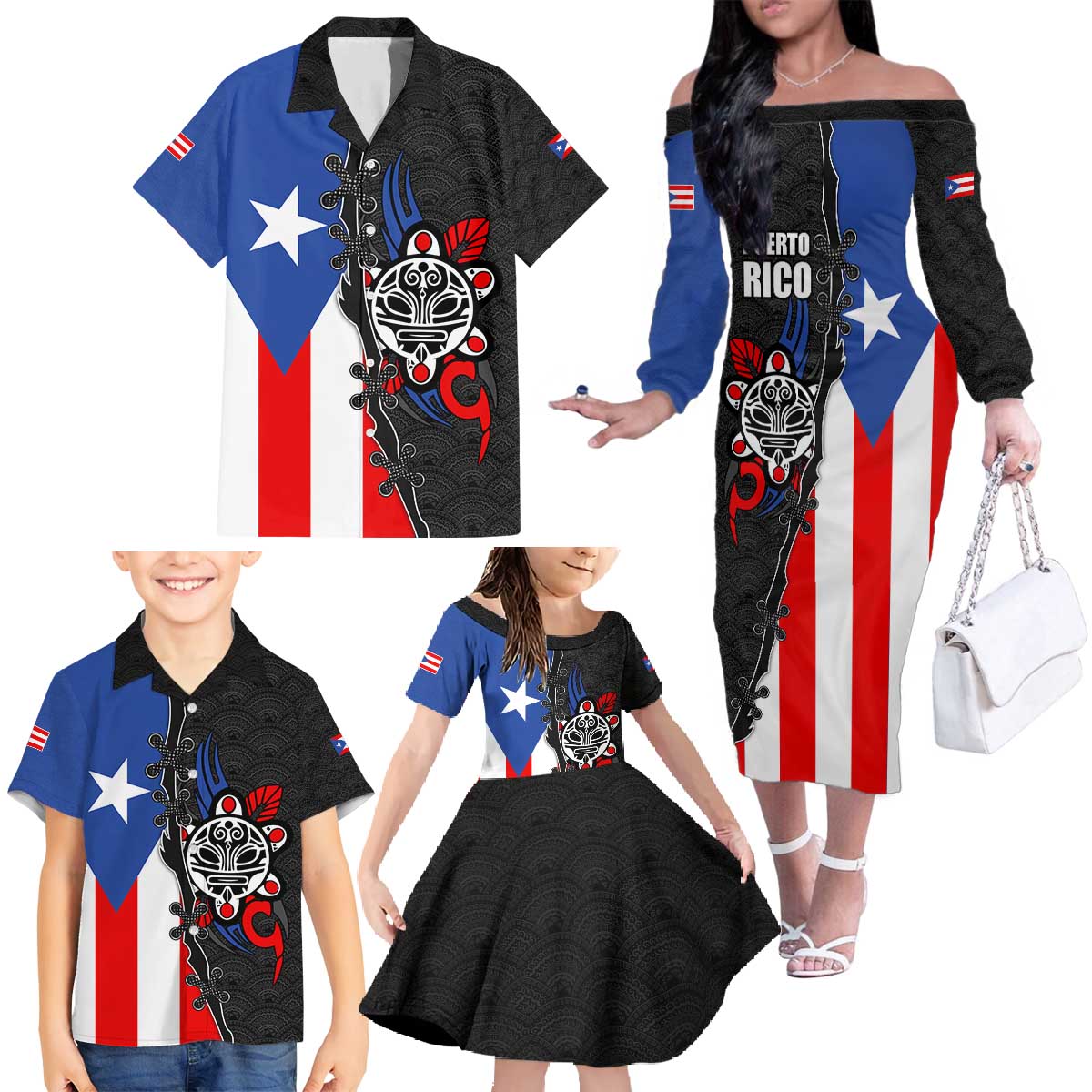 Puerto Rico Family Matching Off The Shoulder Long Sleeve Dress and Hawaiian Shirt with Tribal Sun Symbol and Flag Color Block Design