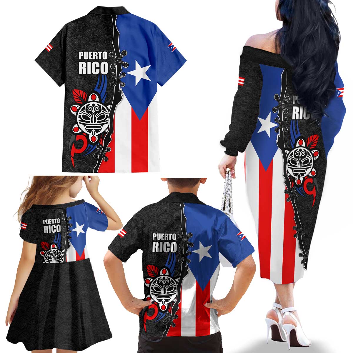Puerto Rico Family Matching Off The Shoulder Long Sleeve Dress and Hawaiian Shirt with Tribal Sun Symbol and Flag Color Block Design