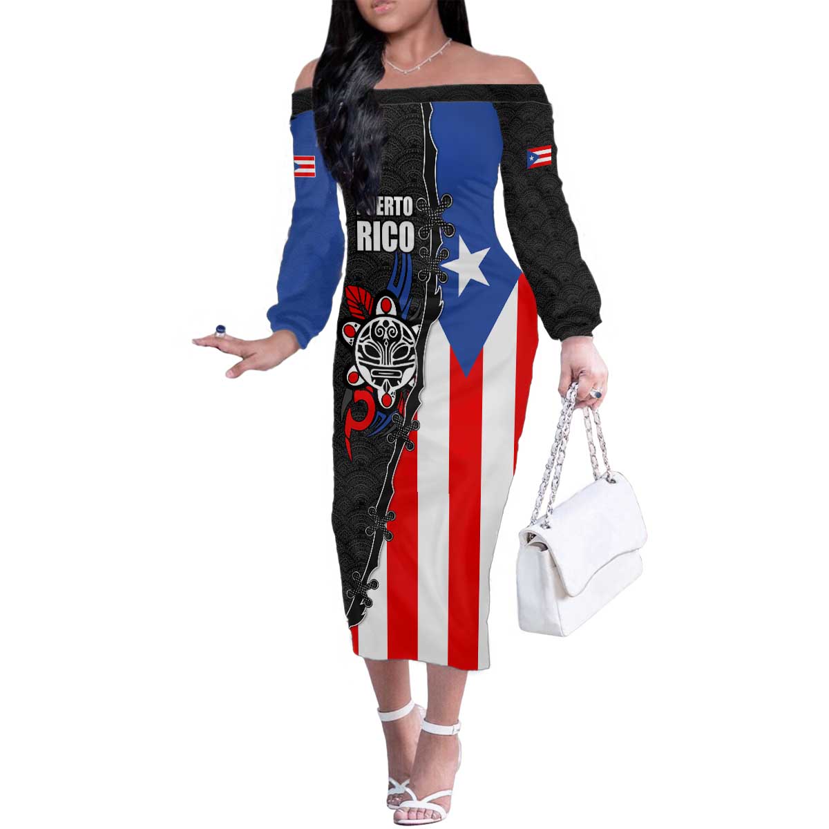 Puerto Rico Family Matching Off The Shoulder Long Sleeve Dress and Hawaiian Shirt with Tribal Sun Symbol and Flag Color Block Design