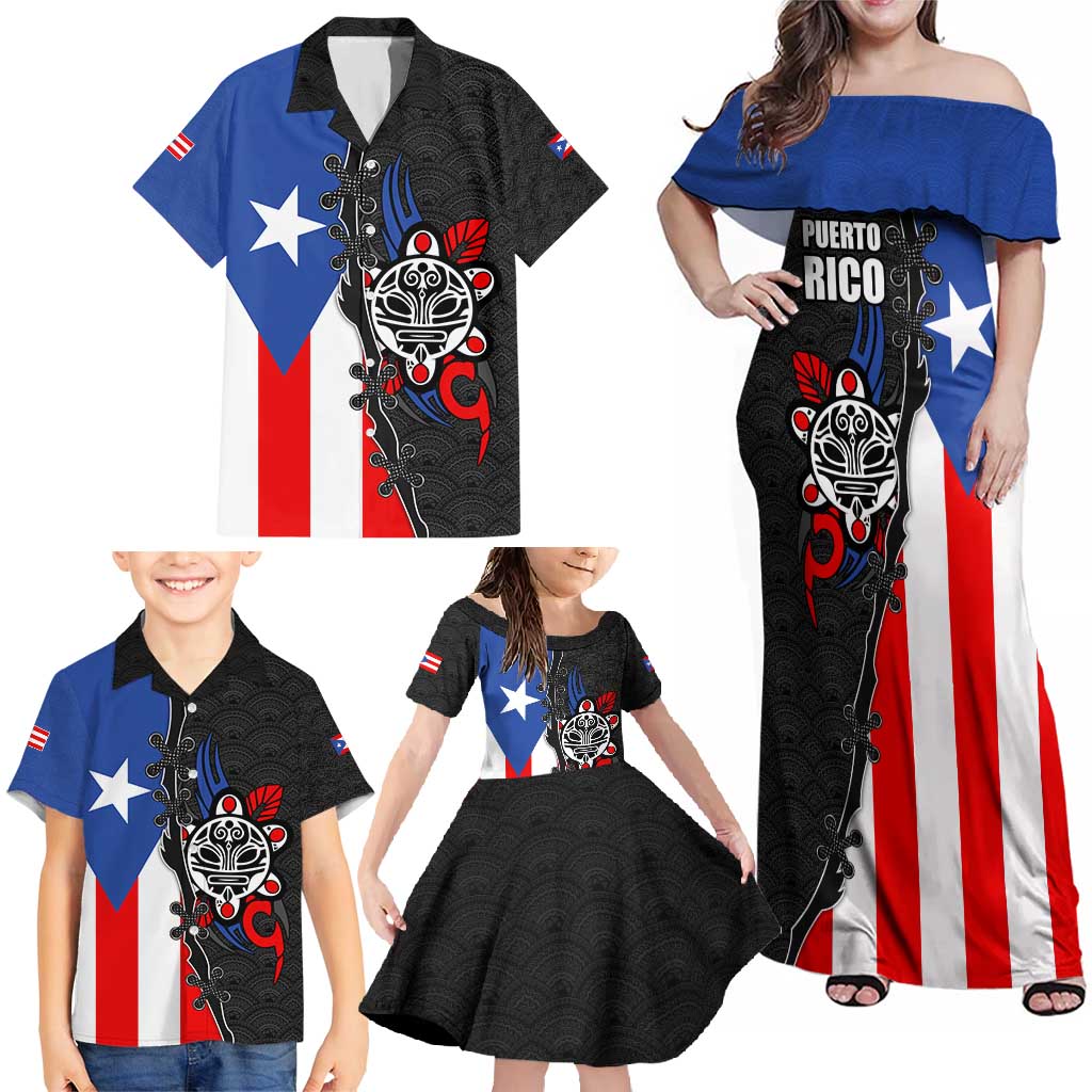 Puerto Rico Family Matching Off Shoulder Maxi Dress and Hawaiian Shirt with Tribal Sun Symbol and Flag Color Block Design