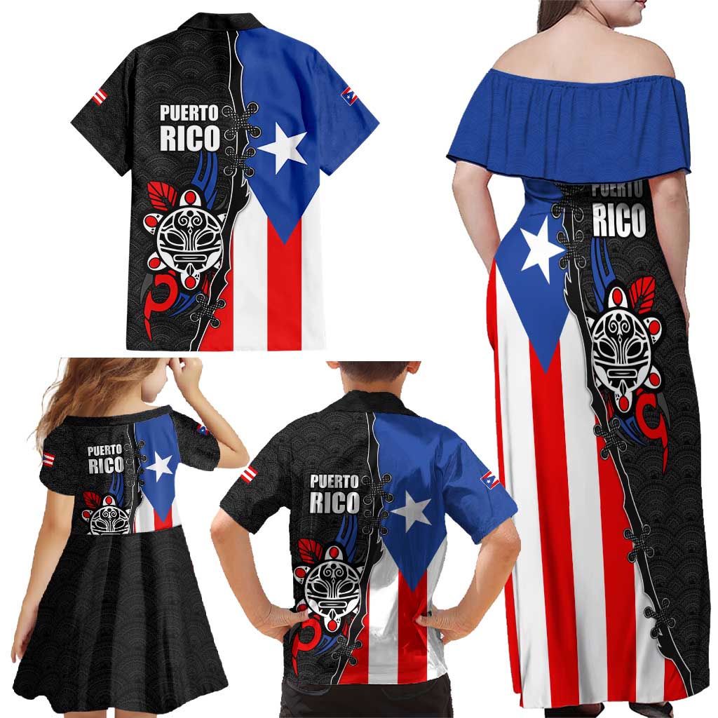 Puerto Rico Family Matching Off Shoulder Maxi Dress and Hawaiian Shirt with Tribal Sun Symbol and Flag Color Block Design