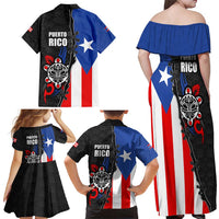 Puerto Rico Family Matching Off Shoulder Maxi Dress and Hawaiian Shirt with Tribal Sun Symbol and Flag Color Block Design