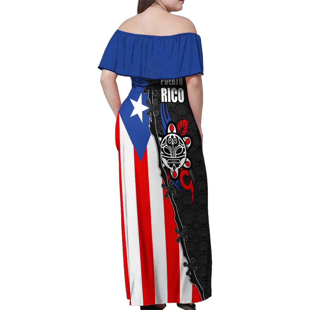 Puerto Rico Family Matching Off Shoulder Maxi Dress and Hawaiian Shirt with Tribal Sun Symbol and Flag Color Block Design