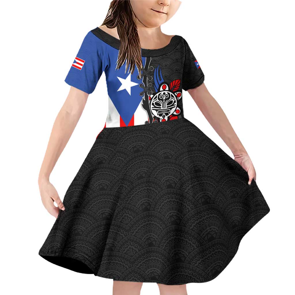 Puerto Rico Family Matching Off Shoulder Short Dress and Hawaiian Shirt with Tribal Sun Symbol and Flag Color Block Design