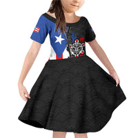 Puerto Rico Family Matching Off Shoulder Short Dress and Hawaiian Shirt with Tribal Sun Symbol and Flag Color Block Design