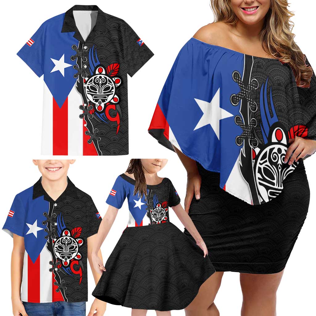 Puerto Rico Family Matching Off Shoulder Short Dress and Hawaiian Shirt with Tribal Sun Symbol and Flag Color Block Design