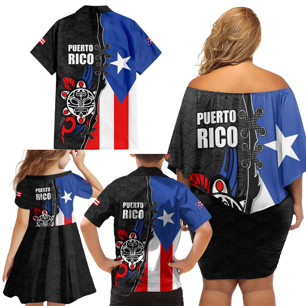 Puerto Rico Family Matching Off Shoulder Short Dress and Hawaiian Shirt with Tribal Sun Symbol and Flag Color Block Design