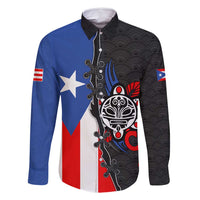 Puerto Rico Family Matching Off Shoulder Short Dress and Hawaiian Shirt with Tribal Sun Symbol and Flag Color Block Design