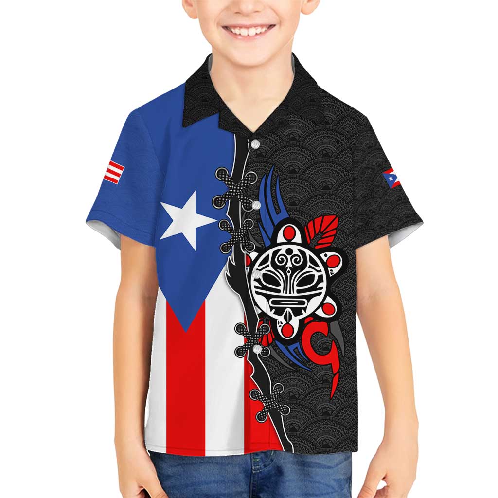 Puerto Rico Family Matching Off Shoulder Short Dress and Hawaiian Shirt with Tribal Sun Symbol and Flag Color Block Design