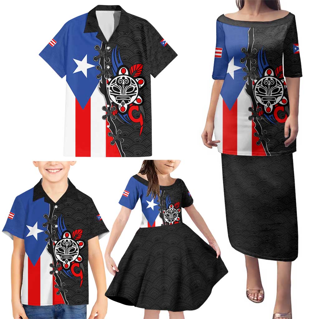 Puerto Rico Family Matching Puletasi and Hawaiian Shirt with Tribal Sun Symbol and Flag Color Block Design
