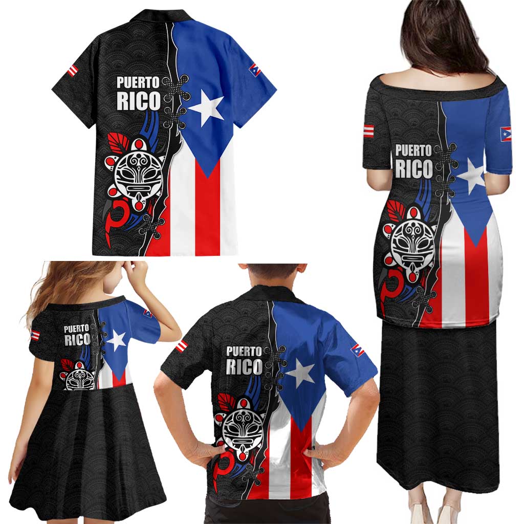 Puerto Rico Family Matching Puletasi and Hawaiian Shirt with Tribal Sun Symbol and Flag Color Block Design