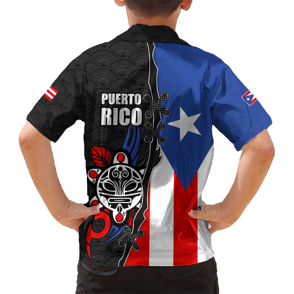 Puerto Rico Family Matching Short Sleeve Bodycon Dress and Hawaiian Shirt with Tribal Sun Symbol and Flag Color Block Design