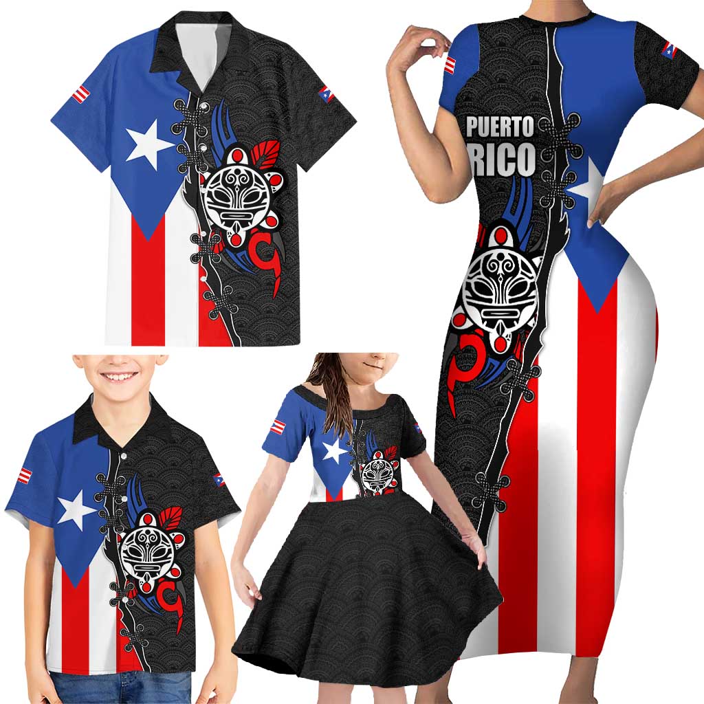 Puerto Rico Family Matching Short Sleeve Bodycon Dress and Hawaiian Shirt with Tribal Sun Symbol and Flag Color Block Design