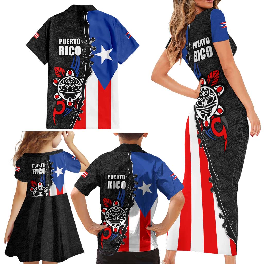 Puerto Rico Family Matching Short Sleeve Bodycon Dress and Hawaiian Shirt with Tribal Sun Symbol and Flag Color Block Design