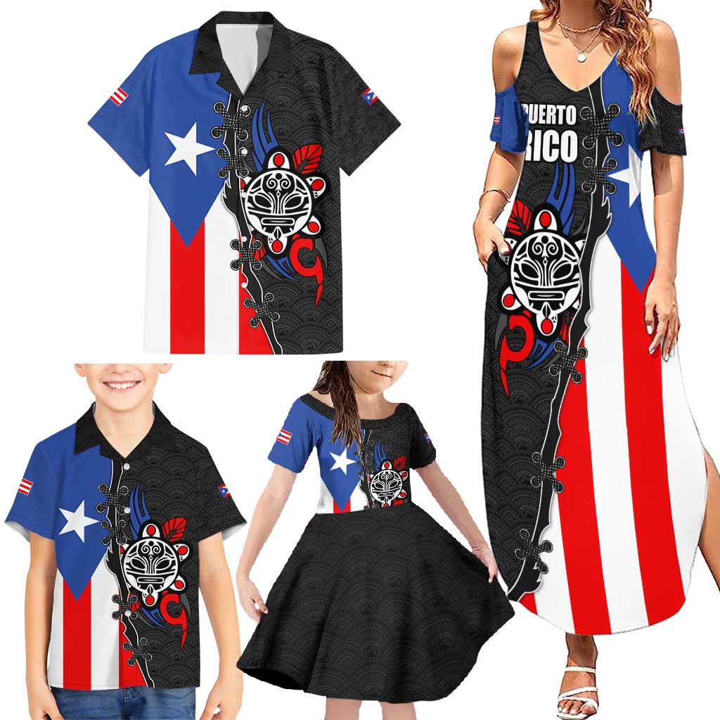 Puerto Rico Family Matching Summer Maxi Dress and Hawaiian Shirt with Tribal Sun Symbol and Flag Color Block Design