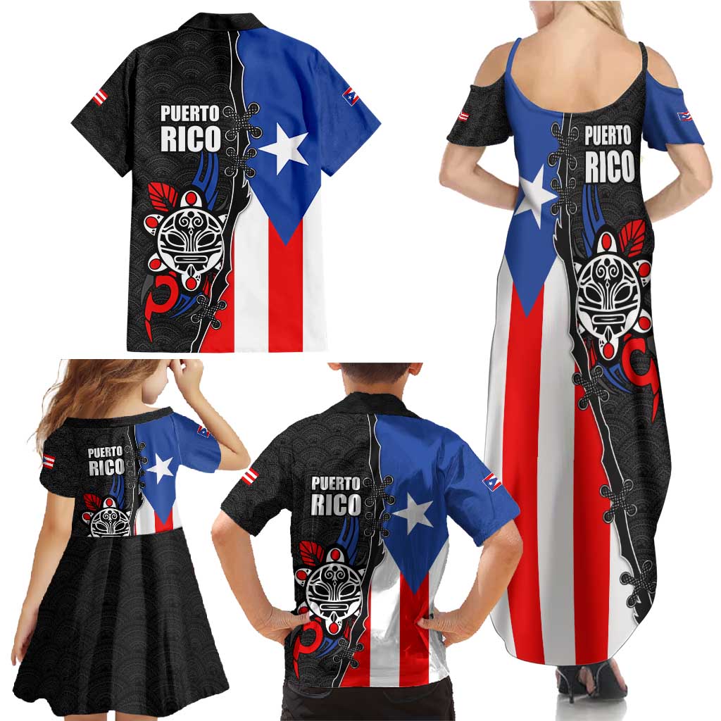 Puerto Rico Family Matching Summer Maxi Dress and Hawaiian Shirt with Tribal Sun Symbol and Flag Color Block Design