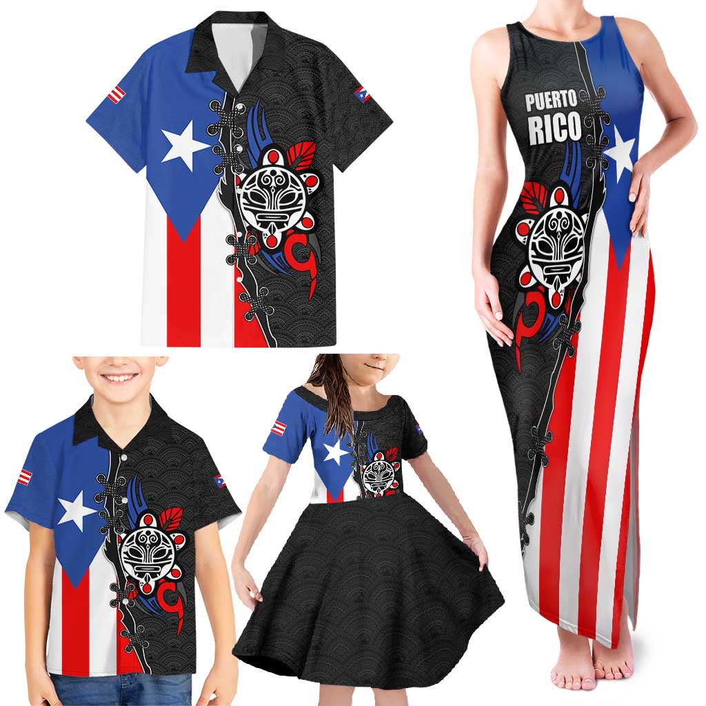 Puerto Rico Family Matching Tank Maxi Dress and Hawaiian Shirt with Tribal Sun Symbol and Flag Color Block Design