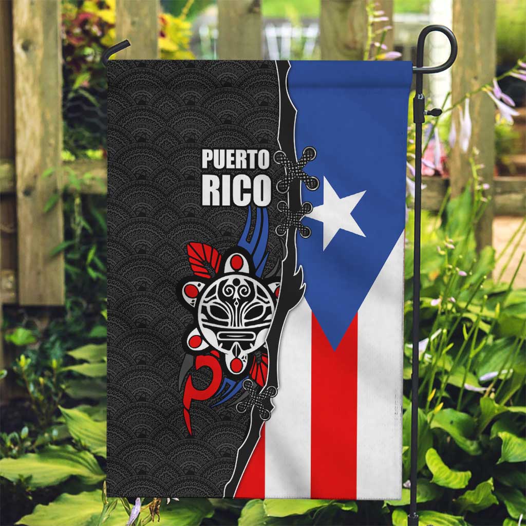 Puerto Rico Garden Flag with Tribal Sun Symbol and Flag Color Block Design