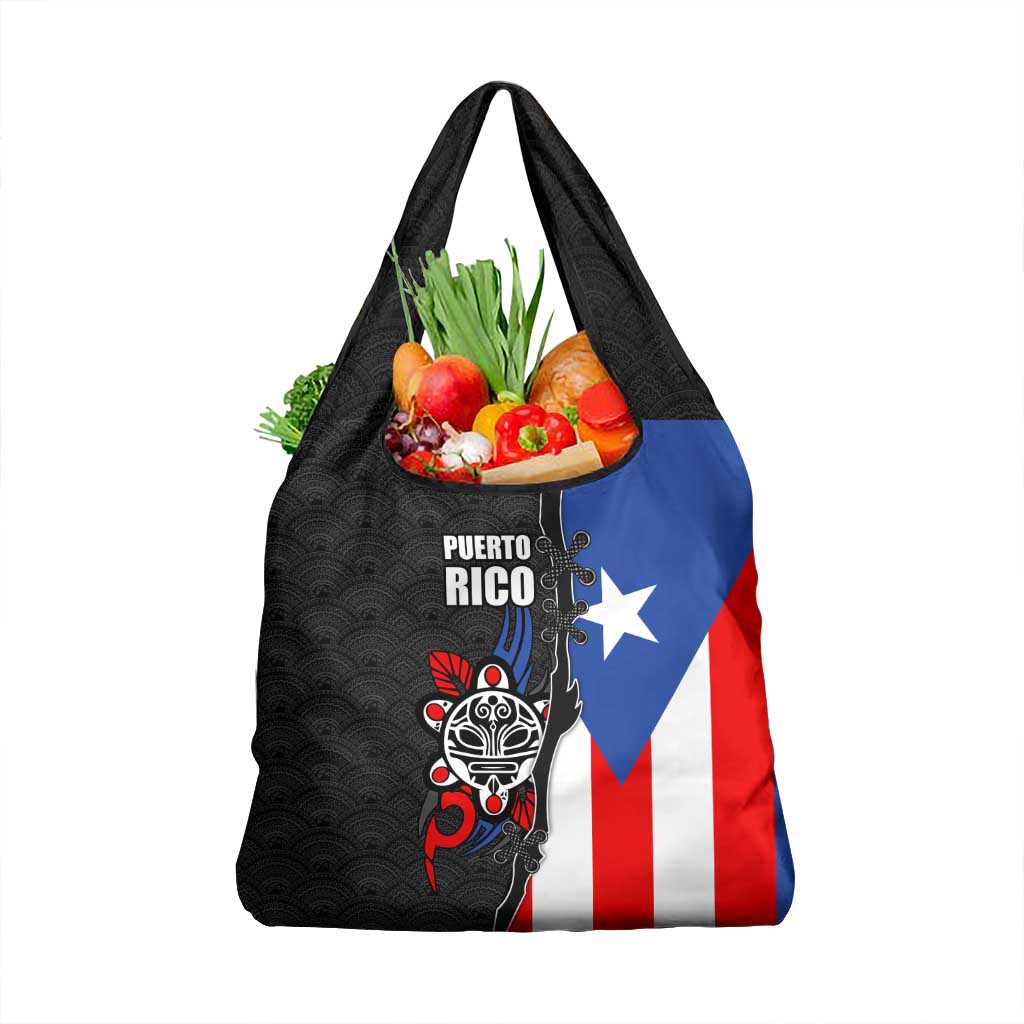 Puerto Rico Grocery Bag with Tribal Sun Symbol and Flag Color Block Design